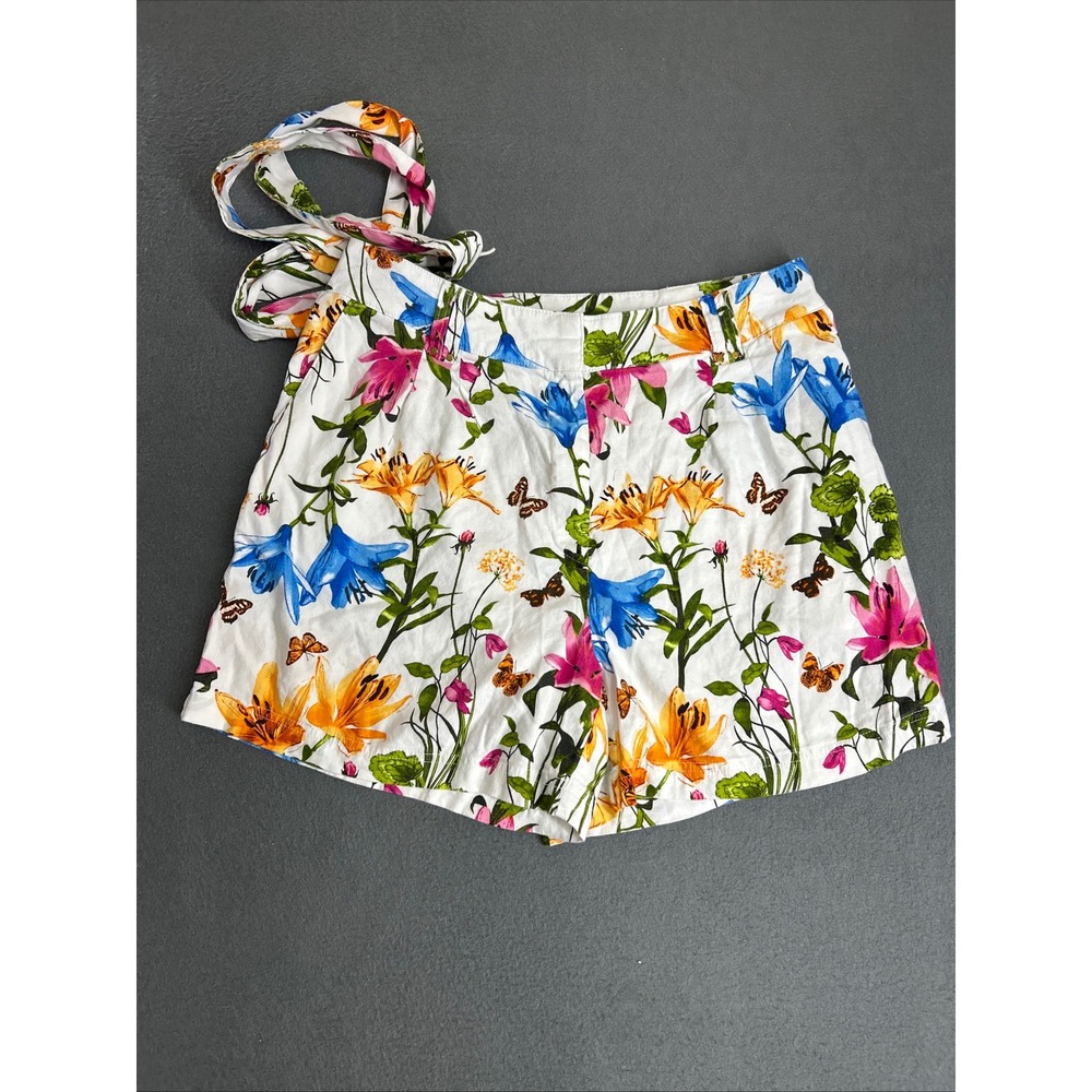 INC Shorts Womens 12 White Floral Linen Blend Tie Waist Botanical Butterfly